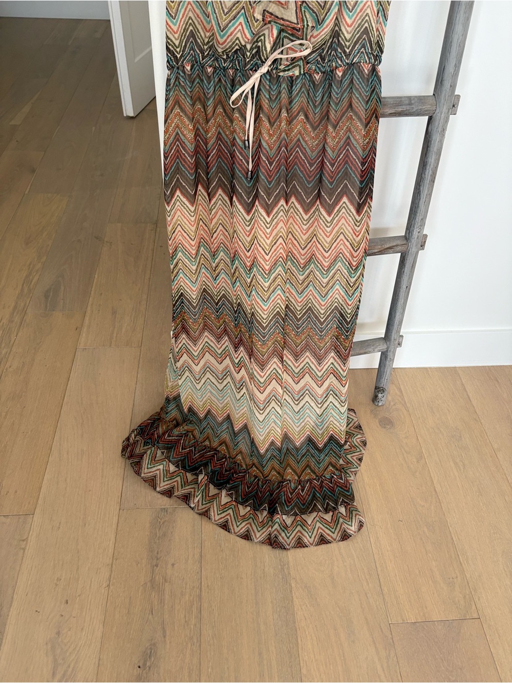 Multi-Color Chevron Ruffle Maxi Dress with Drawstring Waist - Picture 6 of 8